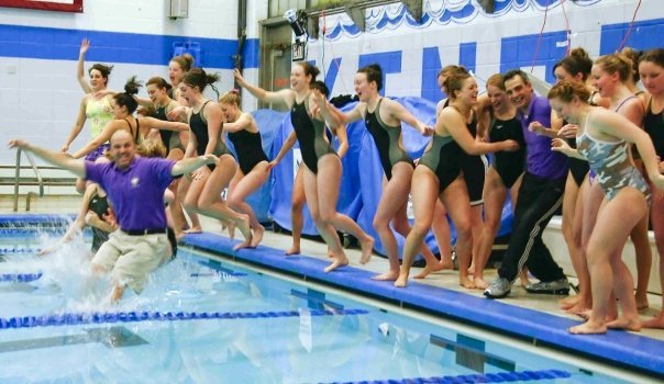 Leaping into the water after I raced for the very last time - 2008 Landmark Conference Swimming & Diving Champs!